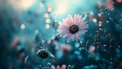 Pink Daisy with Dewdrops in Soft Bokeh Garden.