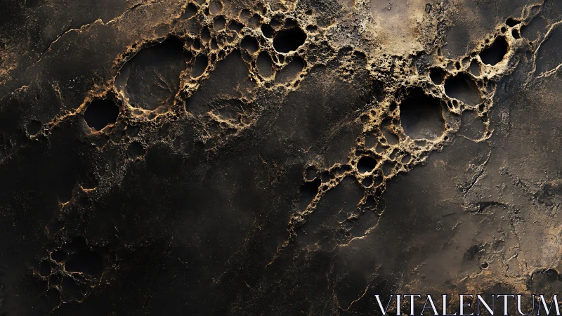 Textured dark surface displays eroded porous metallic crust