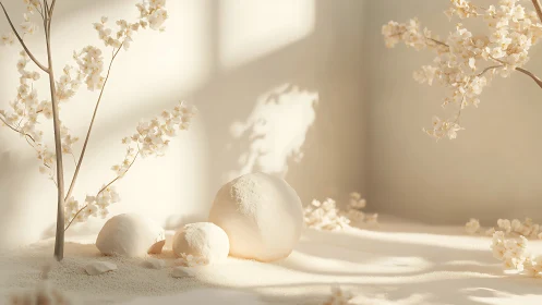 Soft directional lighting sculpts matte spheres and delicate blossoms