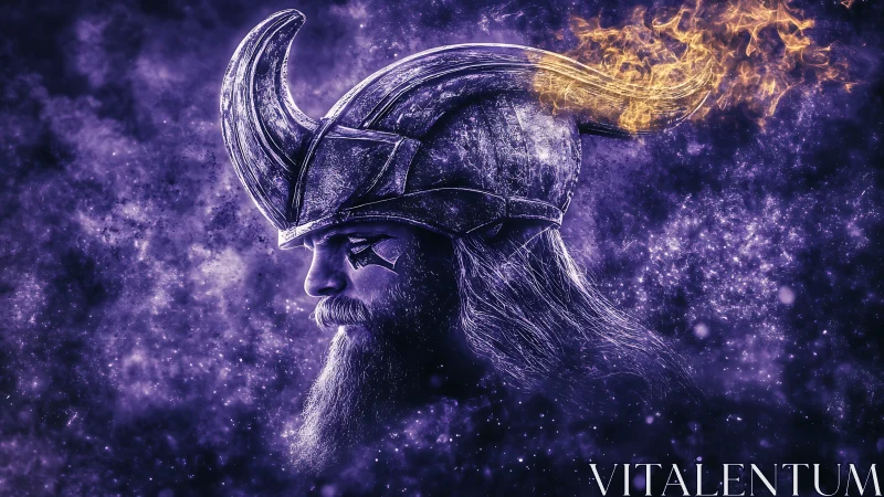 Viking warrior profile burns through cosmic violet nebula