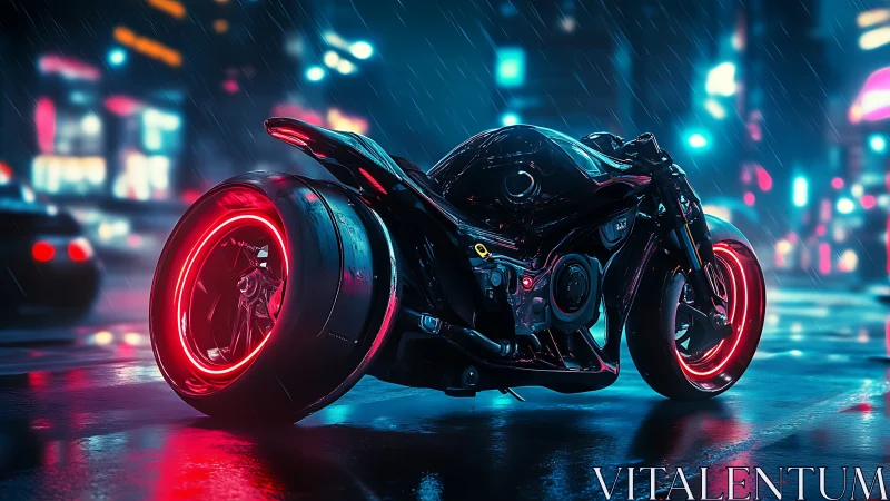 Neon storm rider motorcycle ignites a rain-soaked cyber city.