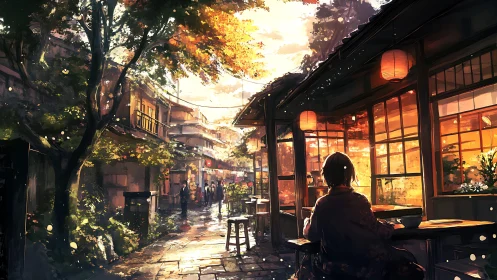 Autumn-lit Japanese alleyway cafe with seated kimono figure