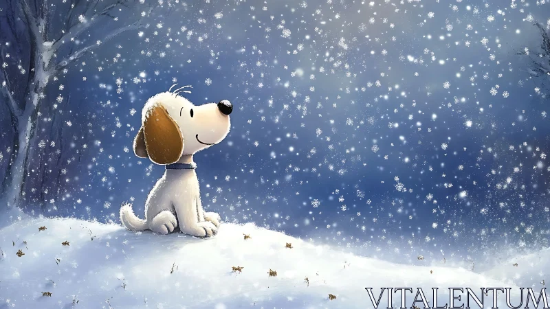 Cartoon beagle sits in snowy field under falling snowflakes.