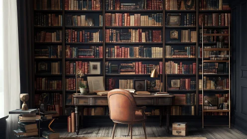 Study desk faces tall wall of antique filled bookshelves