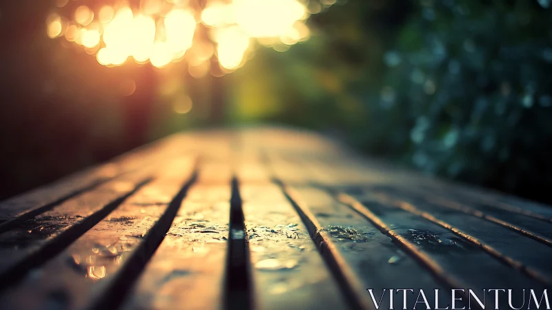 Low-angle wet bench with sunset bokeh depth-of-field study.