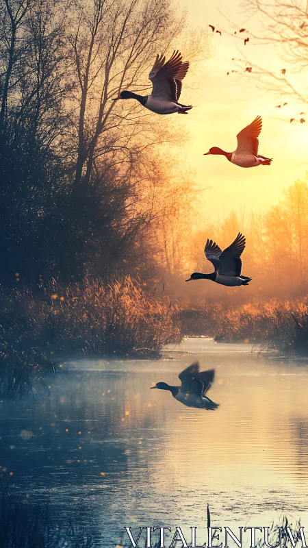 Golden dawn flight over a quiet misty riverside pond.