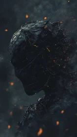 Silent ember-forged figure wrapped in stormy shadows.