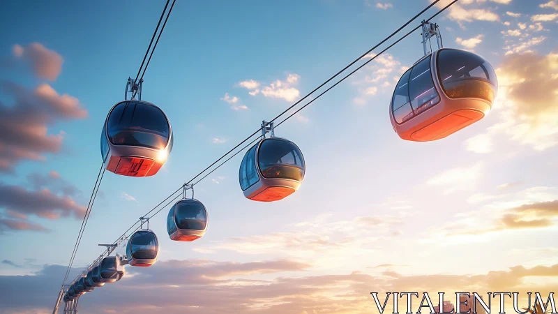 Futuristic sky cable cars glide above a glowing sunset city
