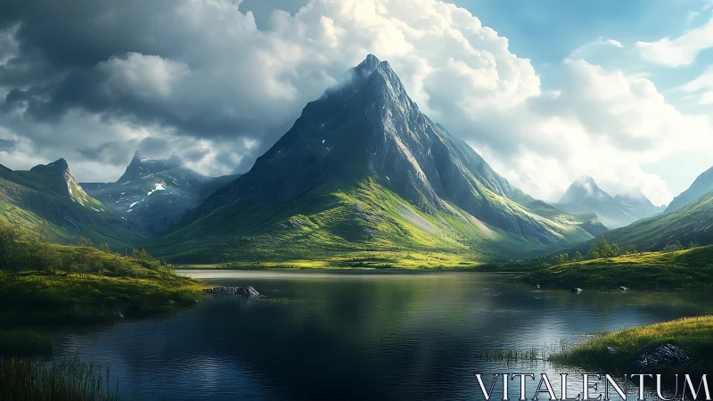 Majestic emerald mountain peaks rise over tranquil lake waters.