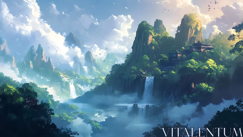 Misty mountain temples rise above cascading waterfalls in dawn light