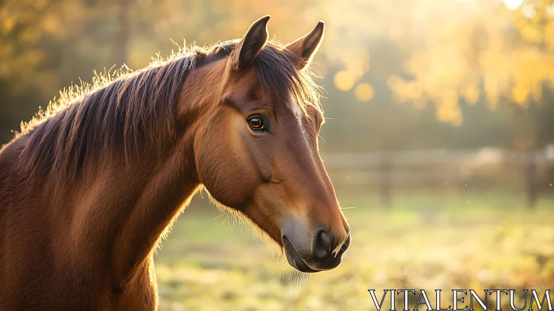 Golden hour portrait of a calm horse in a sunlit pasture