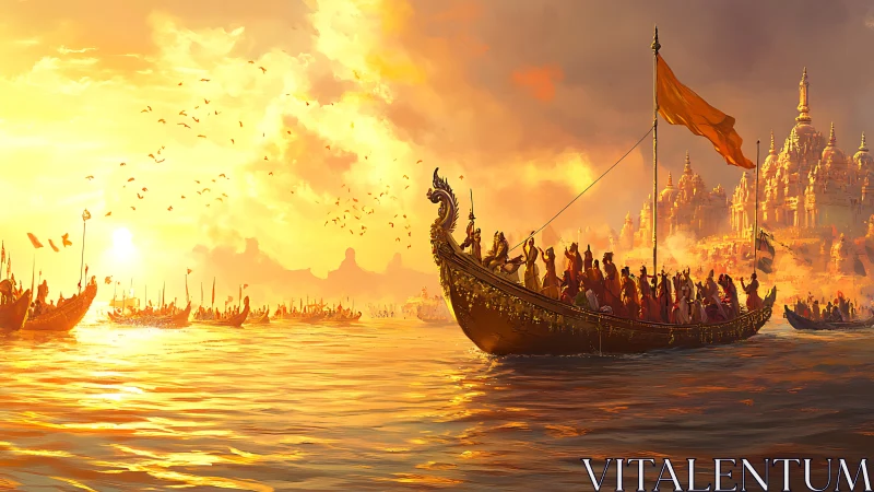 Golden sunset fleet approaching ornate riverside palace.
