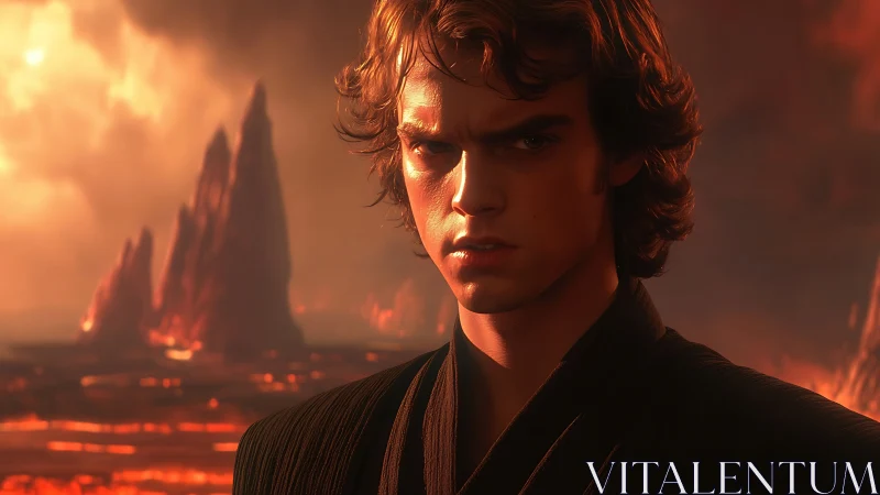 Brooding warrior at ember-soaked volcanic crossroads.