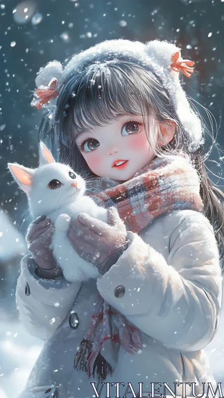 Snowy child portrait with rabbit and luminous bokeh snowfall.