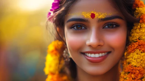 Digital portrait of adorned woman with floral garlands and tilak.