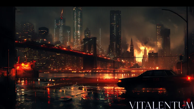 Rain-soaked cyberpunk skyline with bridge and reflective wet asphalt