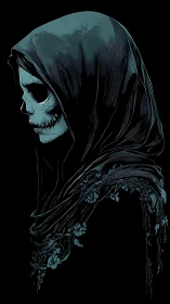 Midnight reaper wrapped in quiet blossoms and shadow.