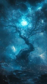 Luminescent astral tree in stormlit spectral landscape.