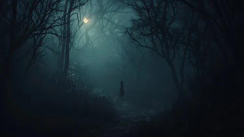 Cinematic digital painting of lone figure in misted forest path.