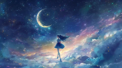 Girl in twilight clouds gazes at a crescent moon in wonder
