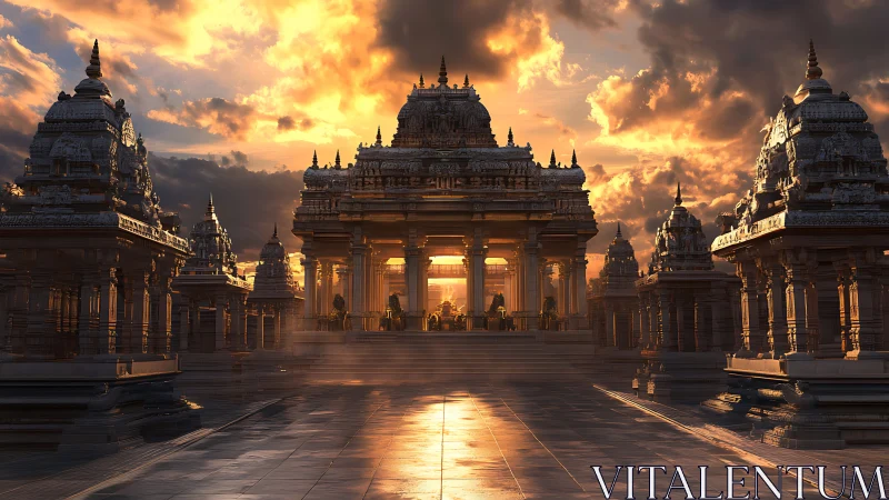 Sunlit stone temple complex under dramatic golden sky.