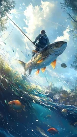 Angler positioned above oversized fish in split river view.