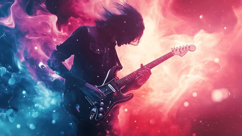 Guitar solo silhouette in swirling neon smoke storm.