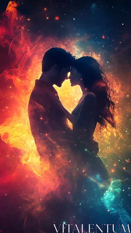 Two silhouettes kiss within swirling fire and cosmic particles.