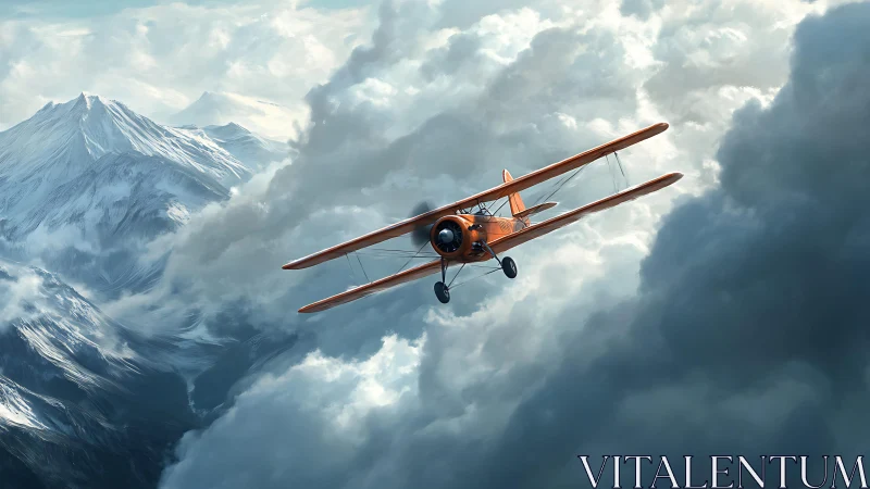 Photorealistic orange biplane cutting through alpine storm clouds.