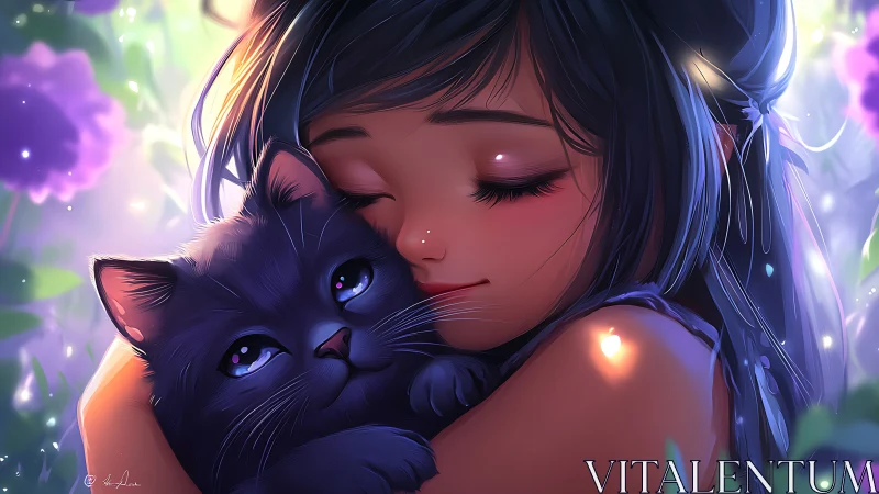 Soft evening glow wraps a gentle girl and her cuddly cat