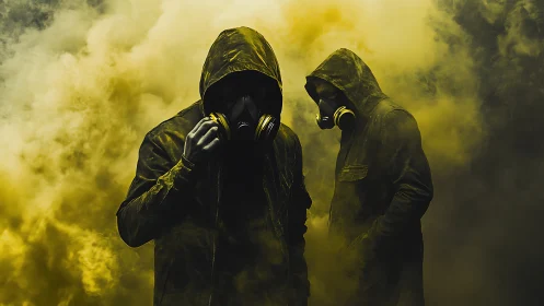 Hooded figures with respirators stand in dense toxic yellow fog