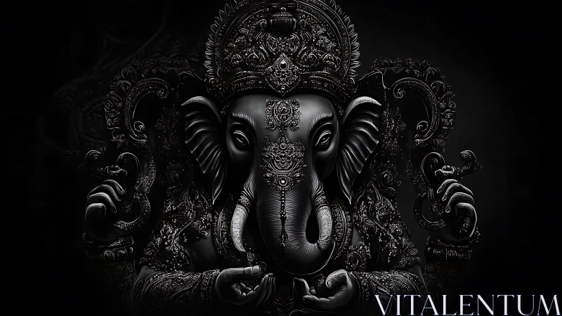 Intricately carved dark Ganesh icon in luminous relief.