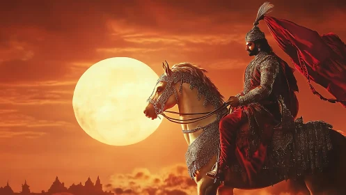 Armored cavalry silhouette advances before oversized sunset moon