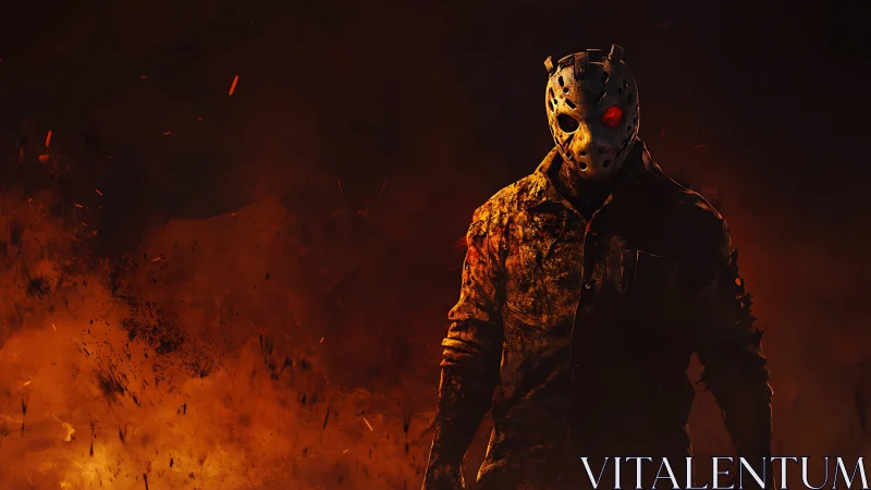 Masked horror figure in burning ember storm, cinematic lighting