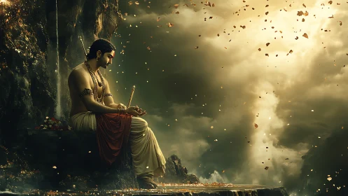 Warrior sage in golden storm-lit cliffside meditation.