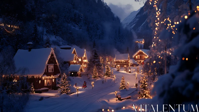 Snowy alpine village glowing with winter holiday lights.
