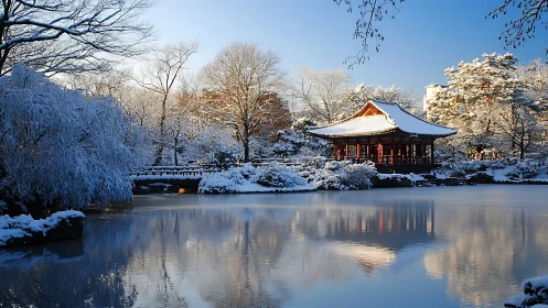Photographic winter pavilion with reflective lakeside symmetry.