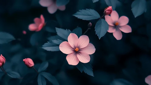 Pink Flowers Blooming Against Dark Teal Foliage and Black Background