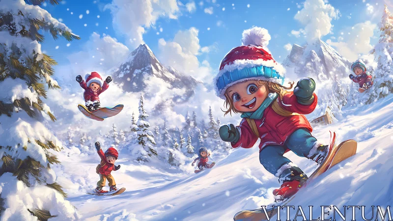 Dynamic stylized children snowboarding in bright alpine sunlight