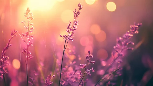 Wild grass stems stand against warm blurred sunset bokeh