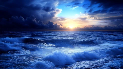 High-contrast ocean swells under luminous stormbreak sunrise