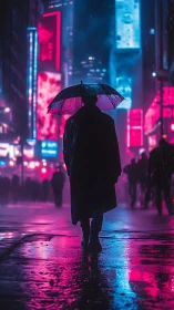 Solitary figure under neon rain in futuristic city night.