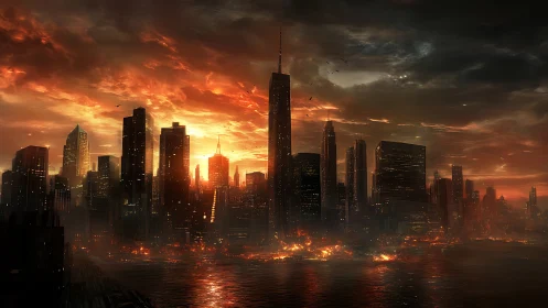 Burning modern city skyline under dense red storm clouds