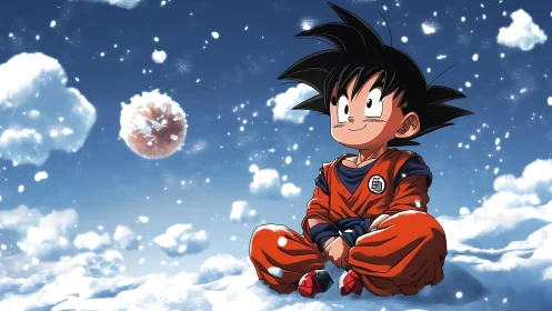 Young martial artist sits in snowy clouds beneath starry sky.