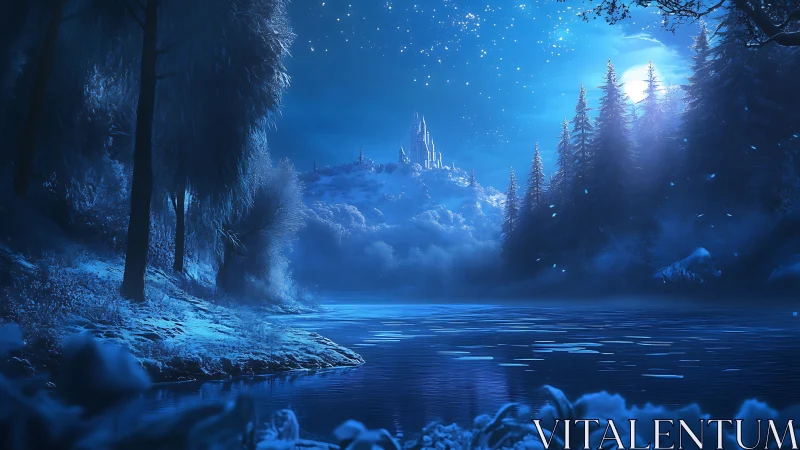 Moonlit winter lake with distant illuminated castle visible