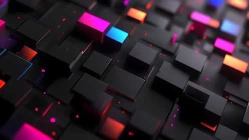 Futuristic black cubes with neon lights in digital 3D abstract style.