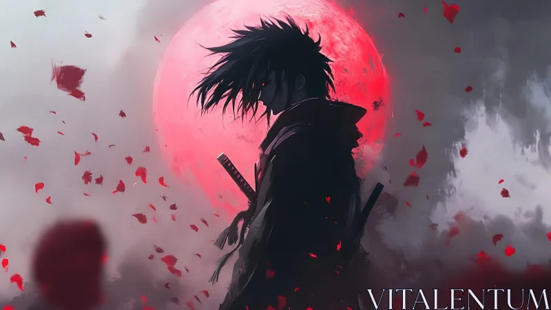 Lone anime swordsman stands before ominous crimson moon.