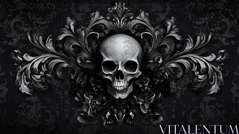 Human skull with symmetrical baroque floral ornamentation.