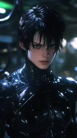 Rendered male android in reflective black biomechanical suit