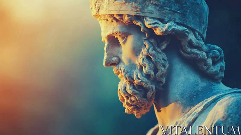 Ancient warrior marble bust under golden sunset glow.